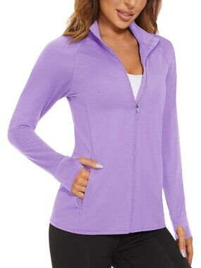 Women's Light Purple Full-zip High Neck Side Pockets Long Sleeve Athletic Jacket